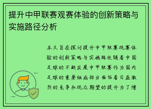 提升中甲联赛观赛体验的创新策略与实施路径分析